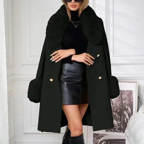 Black Elegant Women's Double-Breasted Belted Faux Fur Trimmed Wool Coat - Picture 7 of 7